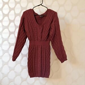SHEIN Burgundy Cable Knit Drop Shoulder Sweater Dress